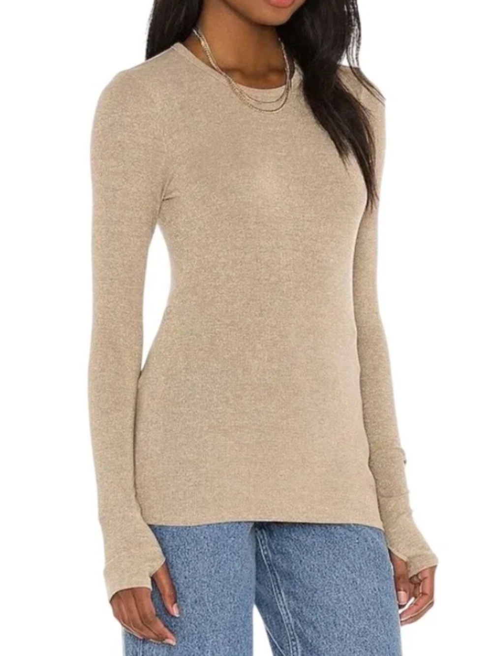 Enza Costa Metallic Lurex Long Sleeve Top Gold Ribbed Thumbhole Knit Crewneck